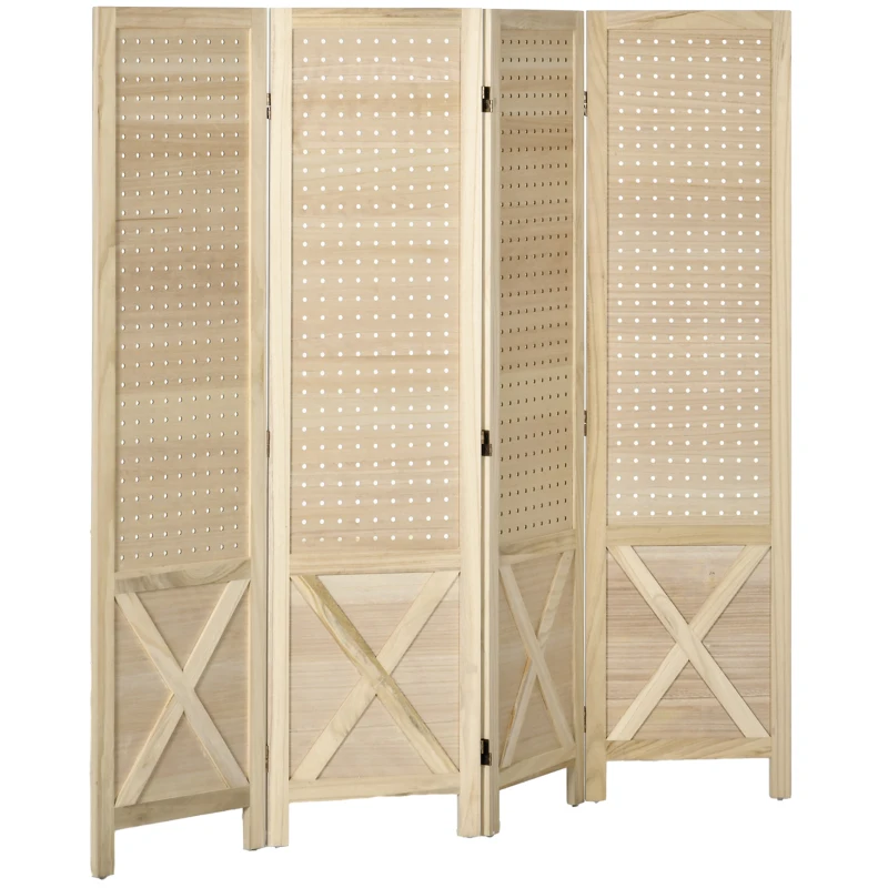 HOMCOM, Paravan interior din lemn, 4 panouri, separator de cameră pliabil, panou perforat, 152 x 1,7 x 144,5 cm, lemn natural