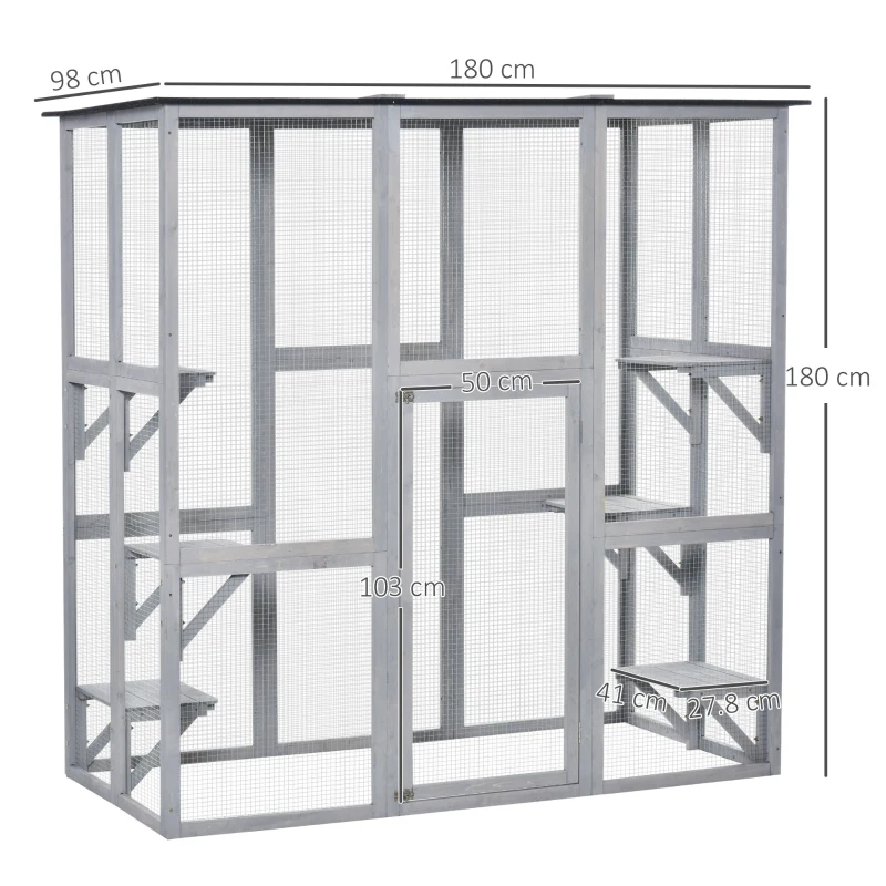 PawHut Wooden Catio Cat Outdoor Enclosure, Cat Cage with Waterproof Roof, Platforms, for Multiple Kittens, 180 x 98 x 180 cm