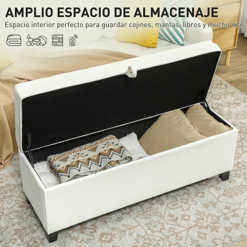 HOMCOM Banco de Almacenaje con 2 Bisagras de Seguridad Tapa Abatible para Dormitorio Salón 120x40x48 cm Crema
