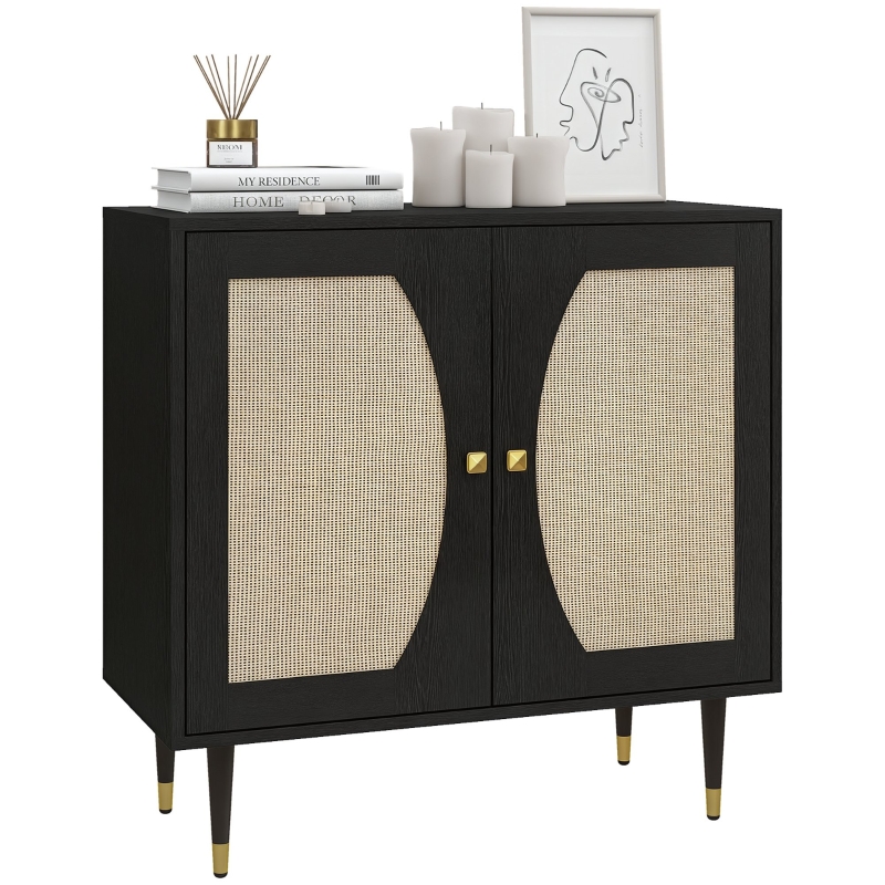 HOMCOM Bufet de bucătărie, design boem cu dublă uși și 2 nivele, fațadă din răchită 80 x 38 x 79 cm negru