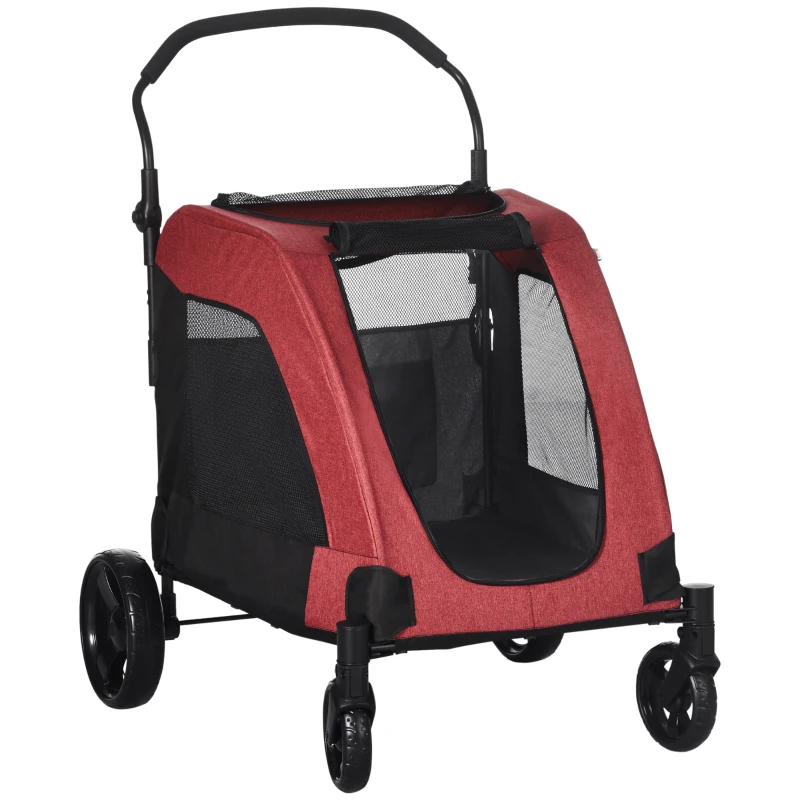 PawHut Dog Stroller 4 Wheels Pet Trolley Carrier Mesh Windows for Medium Large Dogs Traveling Red