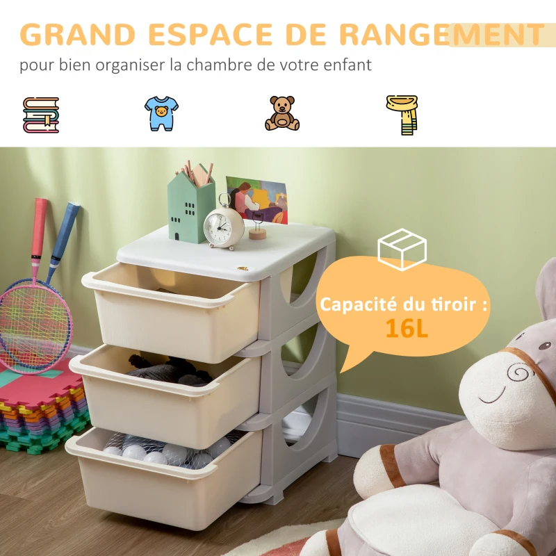 HOMCOM Organisateur de jouets pour enfants avec tiroirs à 3 niveaux, boîtes de rangement en plastique, 37 x 37 x 56,5 cm, crème