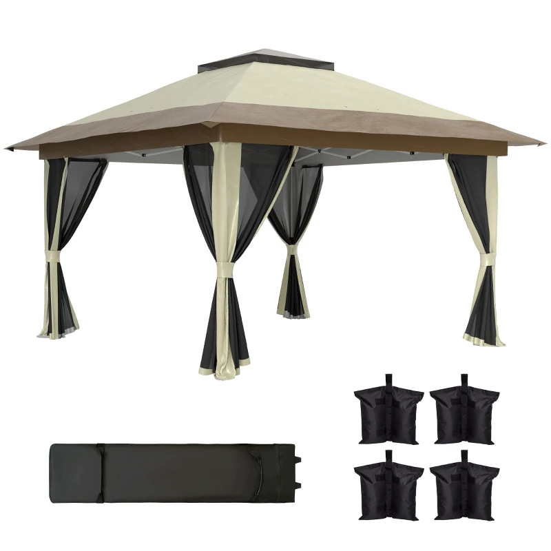 Outsunny Pérgola Dobrável 356x356x280 cm com 4 Paredes Laterais de Malha Anti-UV Altura Ajustável e Bolsa de Transporte Bege e Marrom