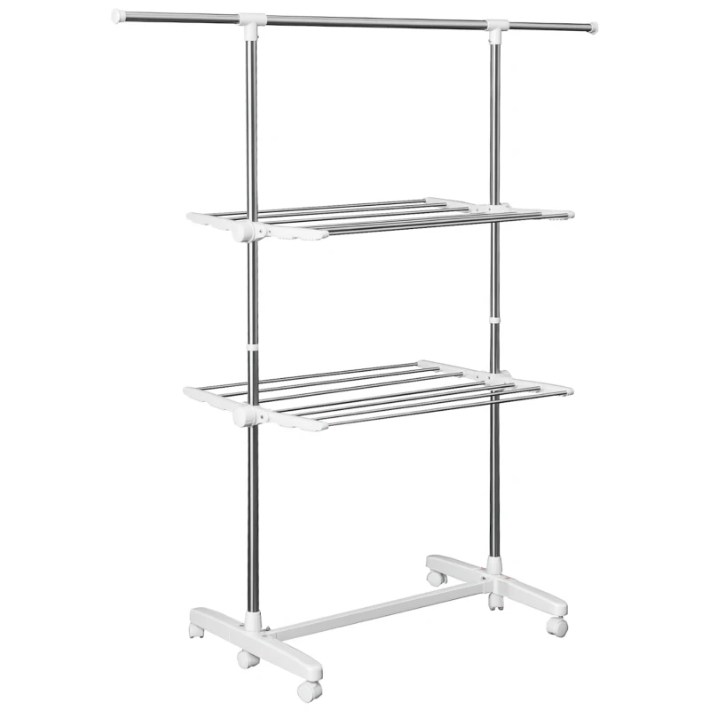 HOMCOM Turmwäscheständer ausziehbar Standtrockner mit 3 Ebenen, klappbare Flügel, Rollen, Wäschetrockner für Innen und Außen, Weiß, 83-136,5 x 45,5 x 154 cm
