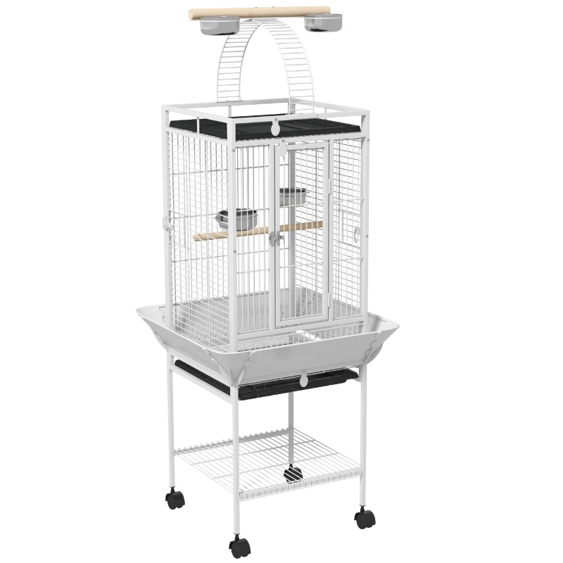 PawHut Gaiola para Pássaros com Suporte e Rodas 62,5x62,5x156 cm Ponte de Arco 2 Poleiros 4 Comedouros 2 Bandejas Removíveis