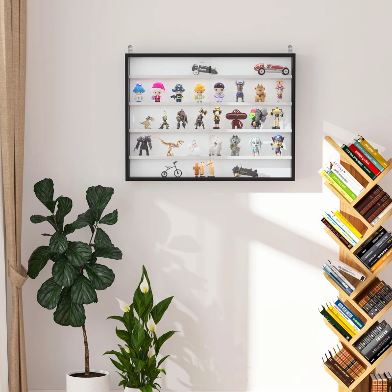 HOMCOM Vetrina Espositiva da Parete a 4 Ripiani Regolabili, Vetrinetta per Collezionismo, Bacheca Espositore a Muro per Oggetti da Collezione, in Vetro e Truciolato, 80x9.5x60 cm, Nero e Bianco
