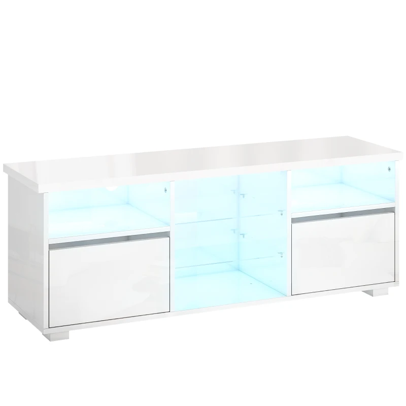 HOMCOM Mueble TV 120 cm, soporte de TV para televisores de hasta 55 pulgadas con iluminación LED y control remoto, estantes de vidrio blanco