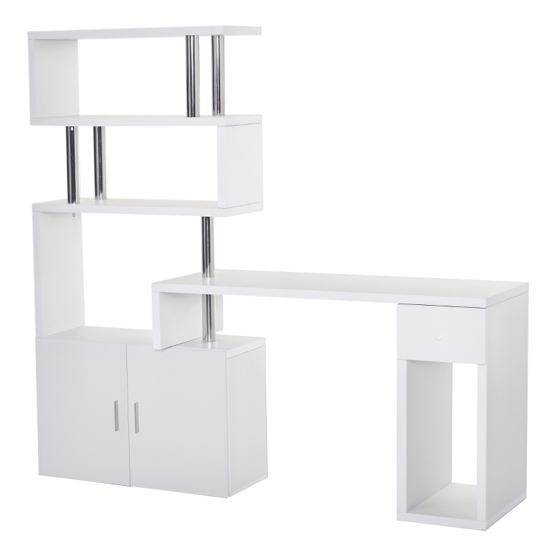 HOMCOM Schreibtisch in L-Form/I-Form Eckschreibtisch Computertisch Kombination-Tisch mit Bücherregal und Schublade Wabenplatte Edelstahl Weiß 120x80x164 cm