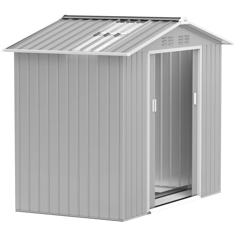 Outsunny Abrigo de Jardim 2,42 m 213x130x185 cm Abrigo de Jardim Metálico para Armazenamento com 2 Portas Deslizantes e 4 Janelas Cinza Claro