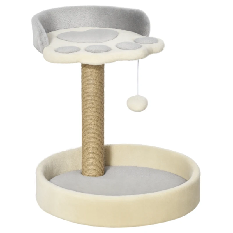 PawHut Arbre à chat griffoir grattoir en forme de patte 2 plateformes et un pompon suspendu hauteur 44 cm gris