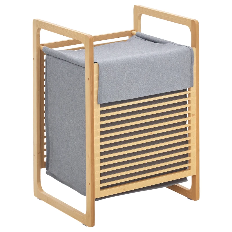 HOMCOM Wäschekorb Wäschebox Wäschesammler mit waschbarem Wäschesack Deckel Wäschesack Tuchsack Bambus leinenartiges Polyester Natur+Grau 40 x 35 x 60,5 cm