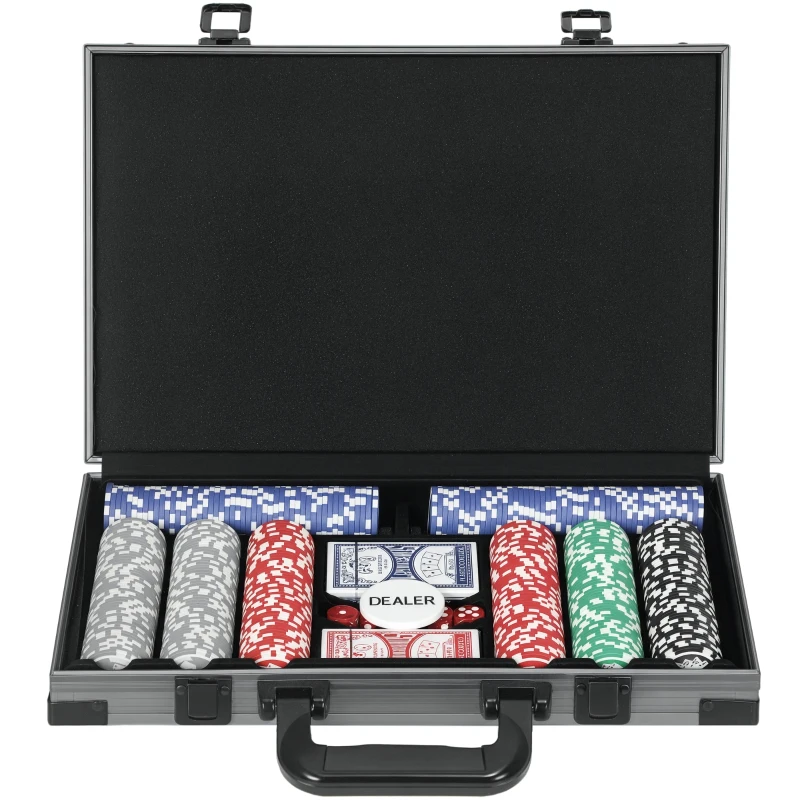 SPORTNOW Set de Poker pentru 10 Jucători cu 400 Jetoane, 2 Pachete de Cărți, 5 Zaruri, Geantă și Covor de Joc, 39,5x28x8 cm, Multicolor