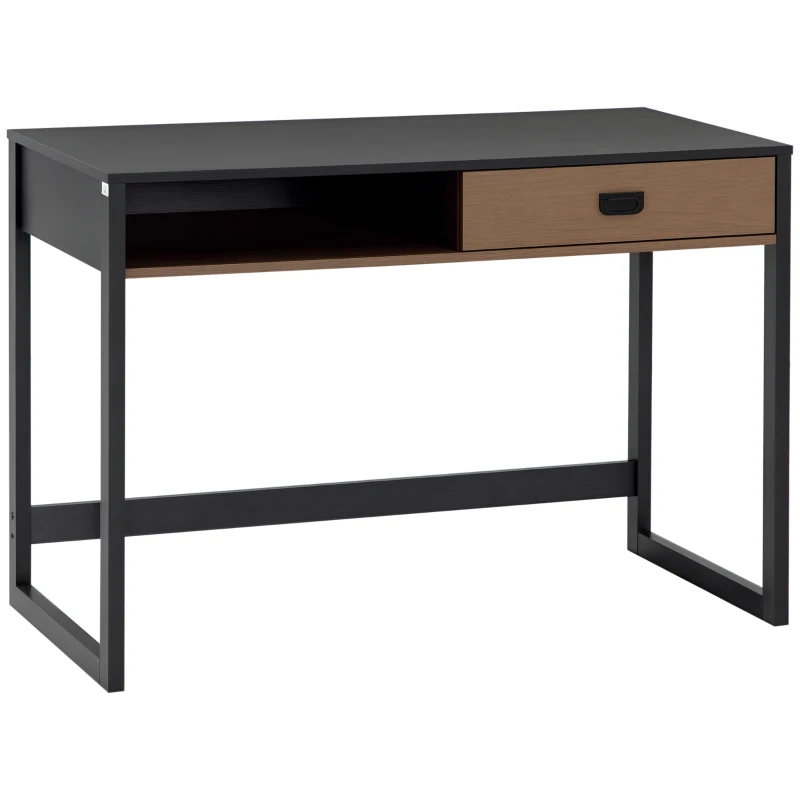 HOMCOM Bureau informatique design industriel grand plateau avec tiroir étagère 110 x 50 x 76 cm aspect noyer et noir