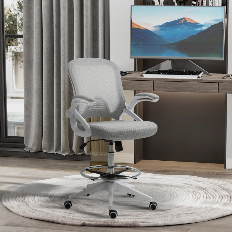 Vinsetto Scaun de birou chaise de bureau asedre chaise de bureau asedre cu înălțime reglabilă, suport pentru picioare, brațe pliabile, rotativ la 360°, cu plasă de aerisire dim. 64L x 60l x 106-126H cm gri și alb