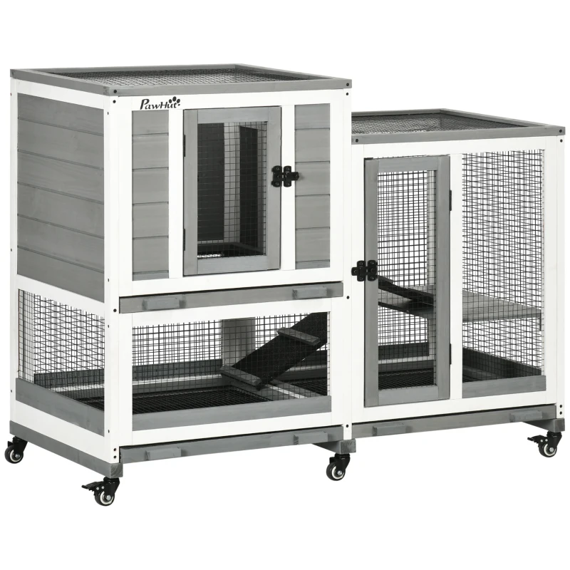 PawHut Clapier interior lemn cu roți 3 etaje rampe, 110L x 50l x 86H cm, gri și alb