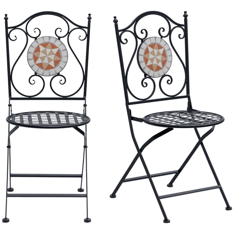 Outsunny Set de 2 Sillas Plegables de Jardín Bistro Silla Asiento Mosaico para Terraza Balcón Metal Carga 120 kg 50x40x94,5 cm Negro