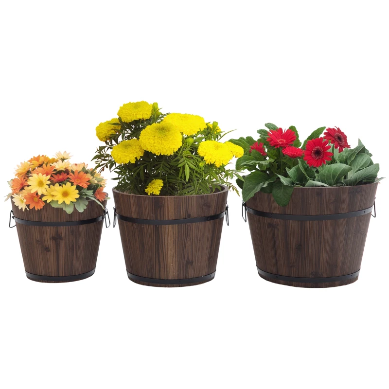 Outsunny Set di 3 Vasi Secchielli per Piante Fiori , Set Vasi da Esterno in Legno di Diverse Dimensioni