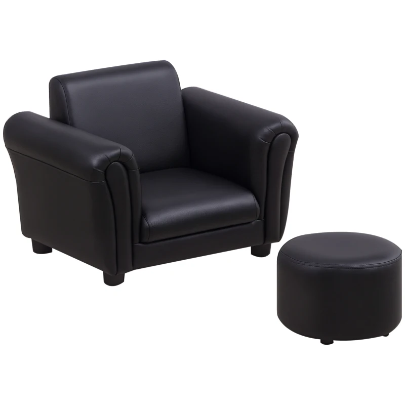 HOMCOM Kindersessel mit Fußhocker Kindercouch Kindersofa Minisofa für 1,5-3 Jahre Kinder Kindermöbel Holz Schwarz 54 x 42 x 41 cm