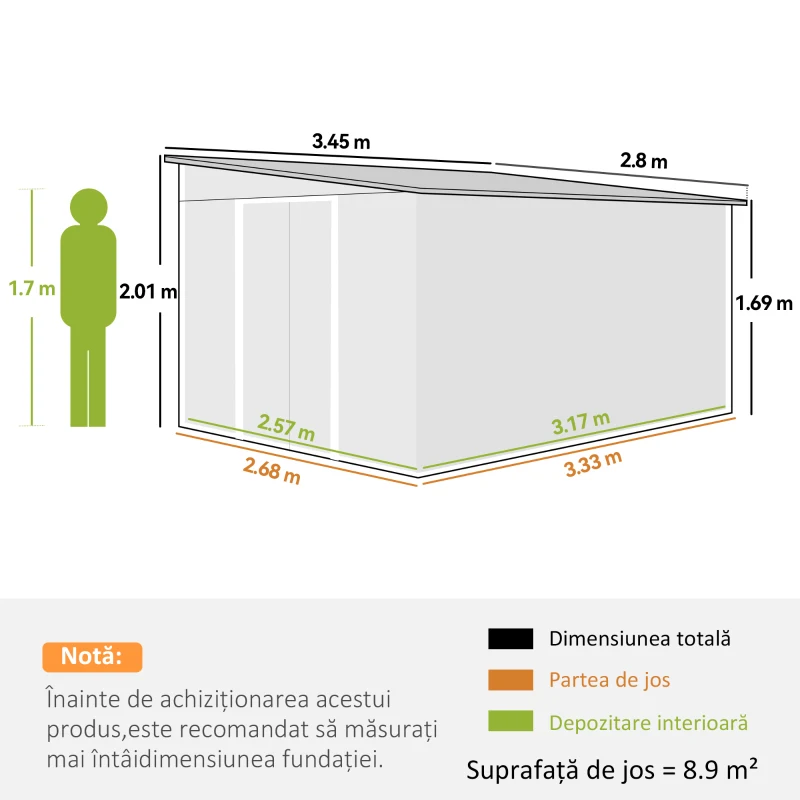 Outsunny Magazie de Gradina cu Ușa Glisantă si Orificii de Aerisire, din Oțel Galvanizat, 345x280,5x169-201cm, Negru(m-3)