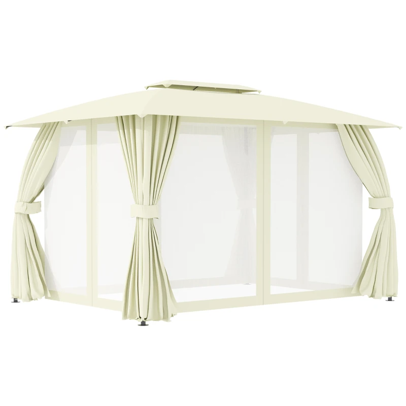 Outsunny Cenador de Jardín 4x3 m Pabellón de Exterior con Doble Techo 4 Cortinas Laterales 4 Mosquiteras con Cremalleras y Marco de Acero Gazebo para Fiestas Eventos Beige