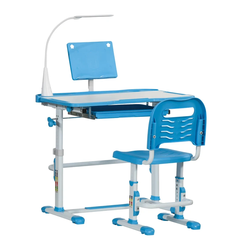 HOMCOM Escritorio y Silla para +6 Años con Altura Ajustable e Inclinable 80x49,5x82-104 cm y 35,5x43,5x63-73 cm Azul