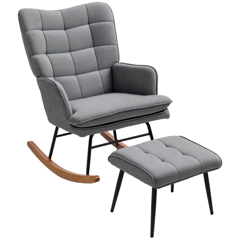 HOMCOM Fotoliu cu leagăn și taburet, confortabil, până la 130 kg, aspect de in, 64x89x90cm, Gri închis