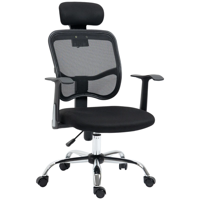 Vinsetto Silla de Oficina Giratoria Silla de Escritorio Ergonómica con Altura Ajustable Función de Inclinación Reposacabezas y Soporte Lumbar 63x62x109-117 cm Negro