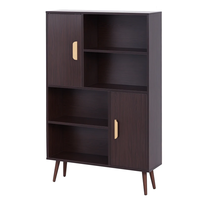 HOMCOM Bibliothèque scandinave 4 niches + 2 placards avec étagère dim. 80L x 24l x 123H cm Pieds effilés inclinés Bois Massif Panneaux Particules wengé