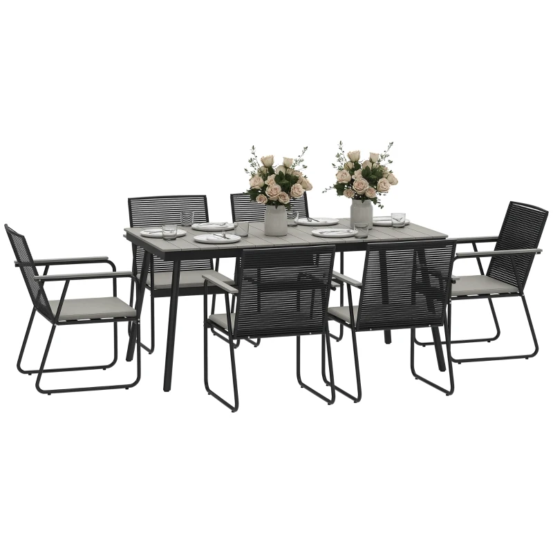 Outsunny Sitzgruppe 7-teilig Metall Essgruppe für 6 Personen Esstisch mit Tisch 6 Stühlen Esszimmergruppe Grau+Schwarz