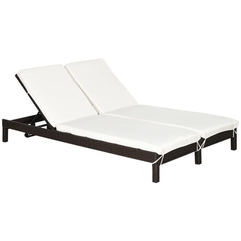 Outsunny Conjunto de Tumbona Exterior de Ratán 2 Plazas con Cojines Acolchados Resistente al Agua con Respaldo Regulable de 5 Niveles Soporta 220 kg 195x120x28 cm Marrón