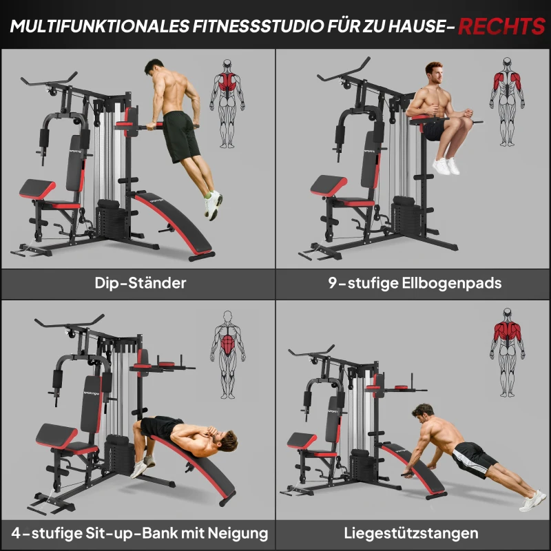 SPORTNOW Mehrzweck-Trainingsstation mit 65 kg Gewichtsblock, verstellbar, fürs Heimtraining, Stahl, Kunstleder(m-5)