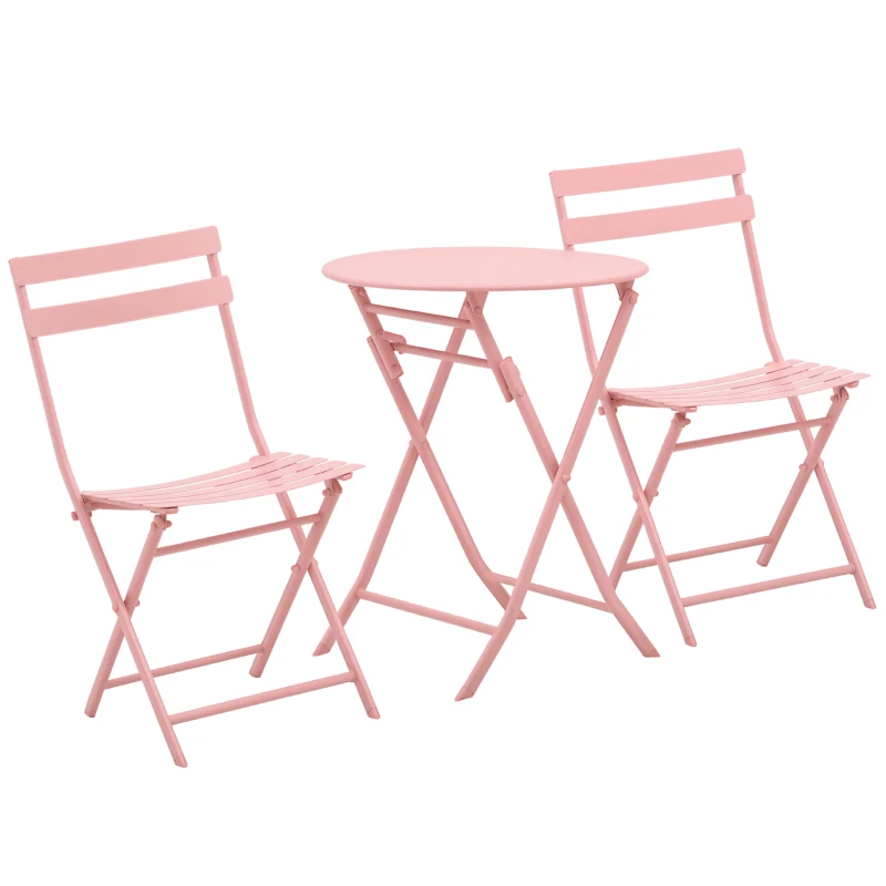 Outsunny Conjunto de Móveis de Jardim Dobráveis Conjunto de 1 Mesa Redonda e 2 Cadeiras de Varanda com Estrutura de Aço Rosa