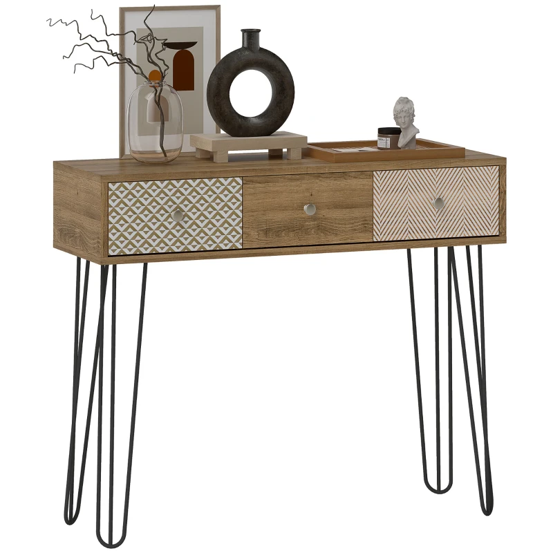 HOMCOM Masă console cu 3 sertare, masă de intrare îngustă cu picioare în formă de ac de păr din oțel, 90 x 30 x 75 cm, maro