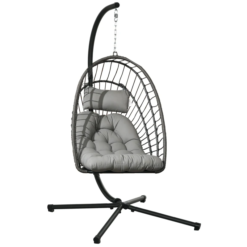Outsunny Poltrona Sospesa in Rattan PE con Cuscino, Seduta Pieghevole e Struttura in Acciaio, Grigio