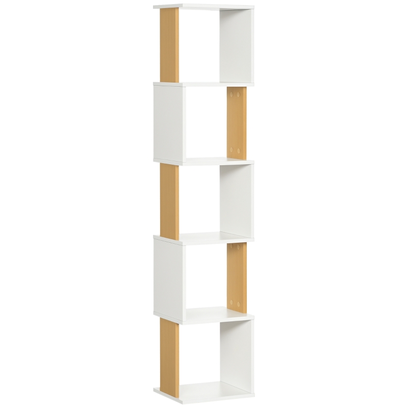 HOMCOM Estante de Livros em Forma de S Estante com 5 Prateleiras Abertas para Sala de Estar Escritório Anti-Tombo 33x28x161cm Branco