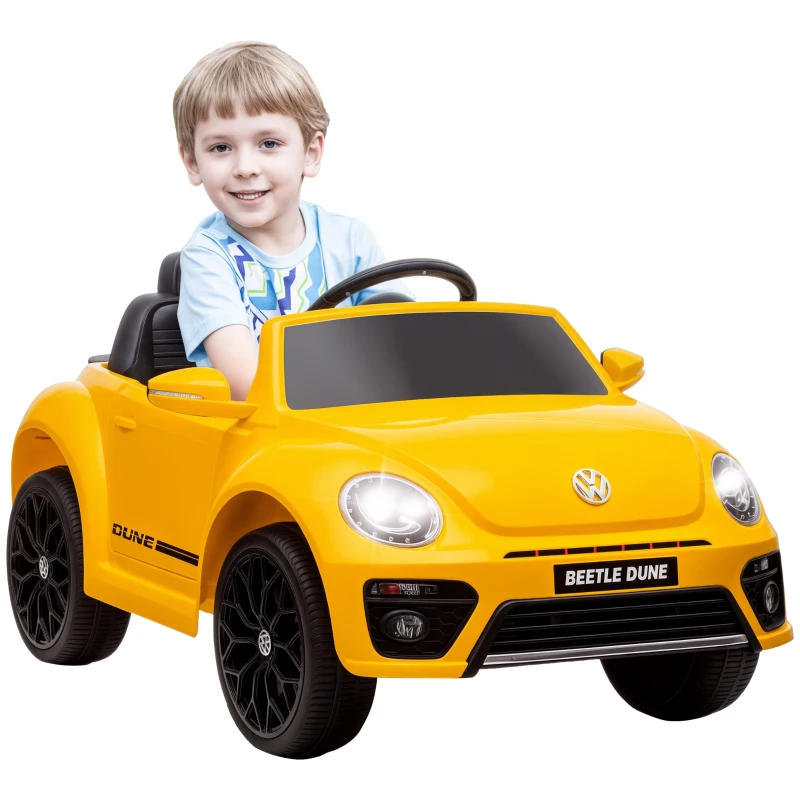 AIYAPLAY Carro Elétrico para Crianças Carro Elétrico Infantil Volkswagen Beetle com Bateria 12V Faróis Buzina e Música 97x56,5x46 cm Amarelo