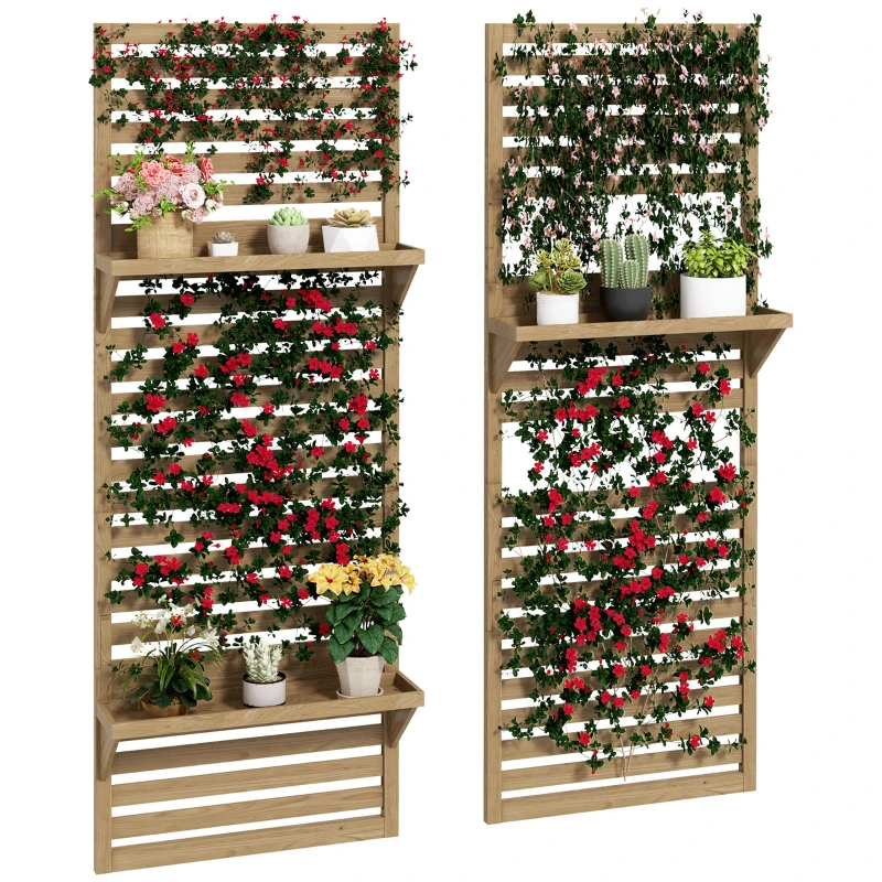 Outsunny Lot de 2 suporturi pentru plante interioare, port plante interioare cu rafturi și plasă 60 x 18 x 170 cm, lemn natural