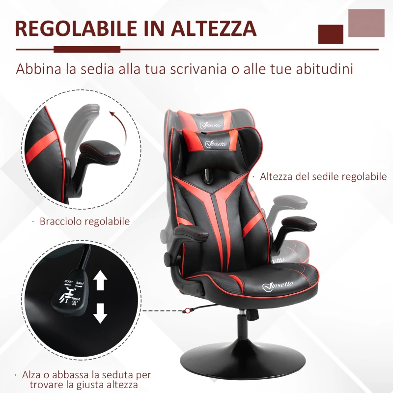 Vinsetto Sedia da Gaming, Sedia Ergonomica per Computer con Funzione Basculante, Sedia Girevole, Regolabile in Altezza, Acciaio, 67 x 75 x 106-112cm, Nero e Rosso