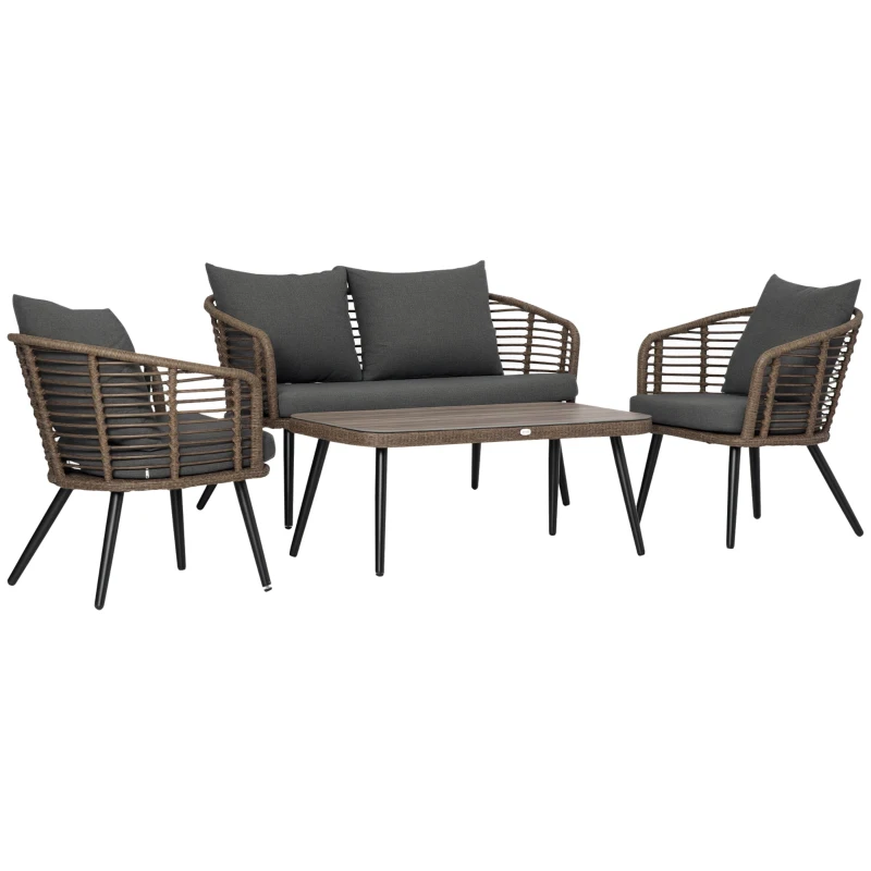 Outsunny Gartenmöbel-Set für 4 Personen, 1 Sofa, 2 Sessel. 1 Tisch, PE-Rattan, abnehmbare Polster, Braun+Grau