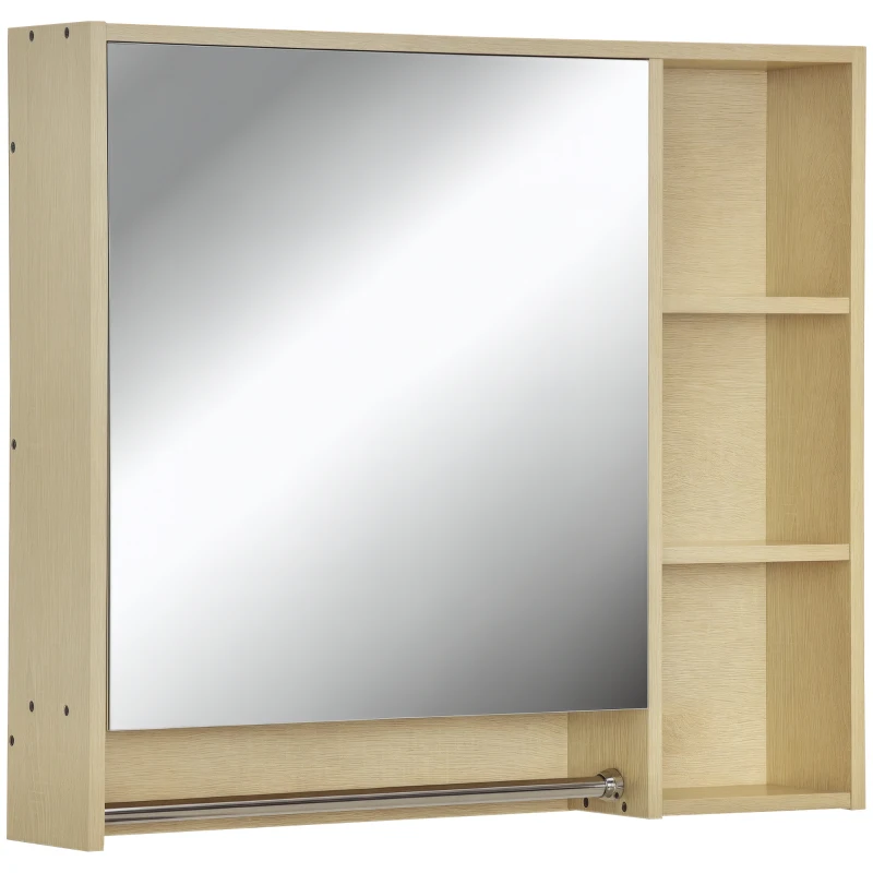 kleankin Spiegelschrank Badschrank Hängeschrank Wandschrank Badmöbel Mehrzweckschrank mit offener Fächern Badezimmer Spanplatte Glas Natur 80 x 15 x 70 cm