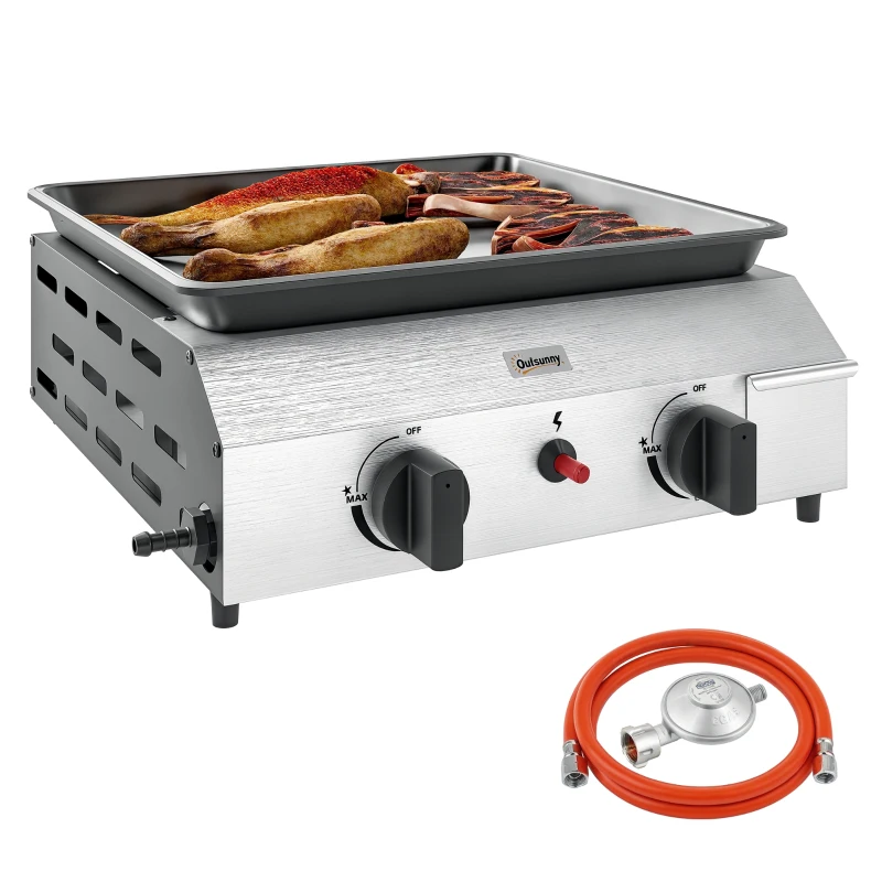 Outsunny Gasgrill 8000BTU/2,4 KW Grillwagen inkl 2 Edelstahl-Brenner Druckminderer 44 x 44,5 x 19 cm Silber+Schwarz