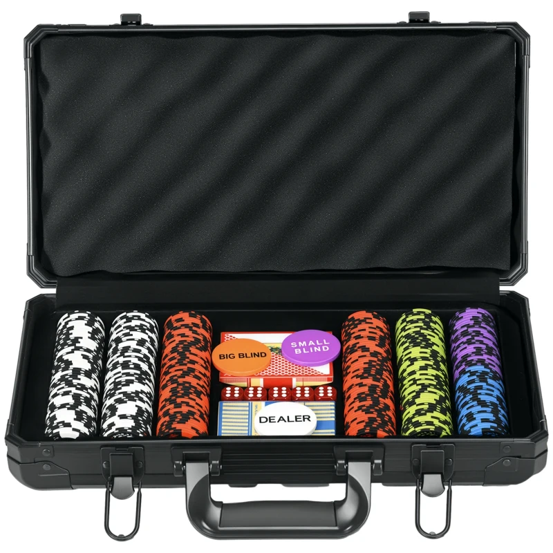 SPORTNOW Mallette de Poker Coffret de Poker Complet, avec 300 jetons 5 dés 2 Jeux de Cartes 3 boutons