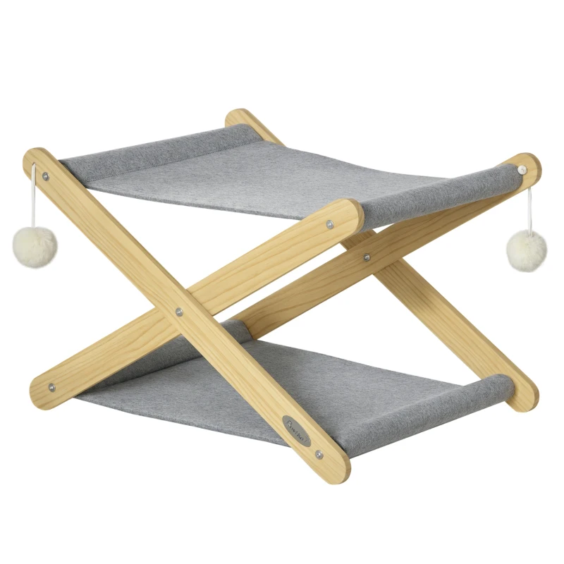 PawHut Lit pliable pour chats hamac 2 niveaux en bois et feutrine avec jeu boules suspendues - dim. 52L x 42l x 33,5H cm