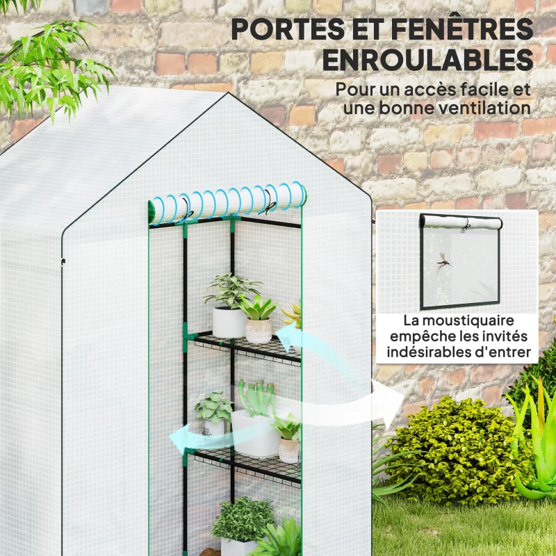 Outsunny Serre de jardin avec 1 porte 1 fenêtre étagères 3 niveaux pour Légumes Plantes Fleurs Bâche PE 143 x 74 x 190 cm blanc
