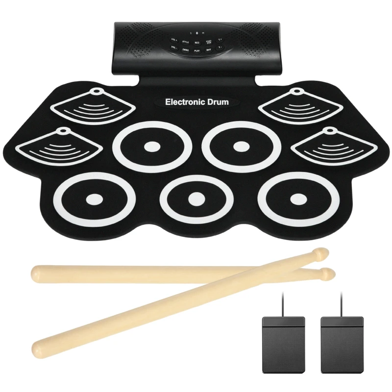 SPORTNOW Électronique drum set, kit de batterie électrique, avec 9 pads, pédales et baguettes de tambour, silicone, blanc et noir