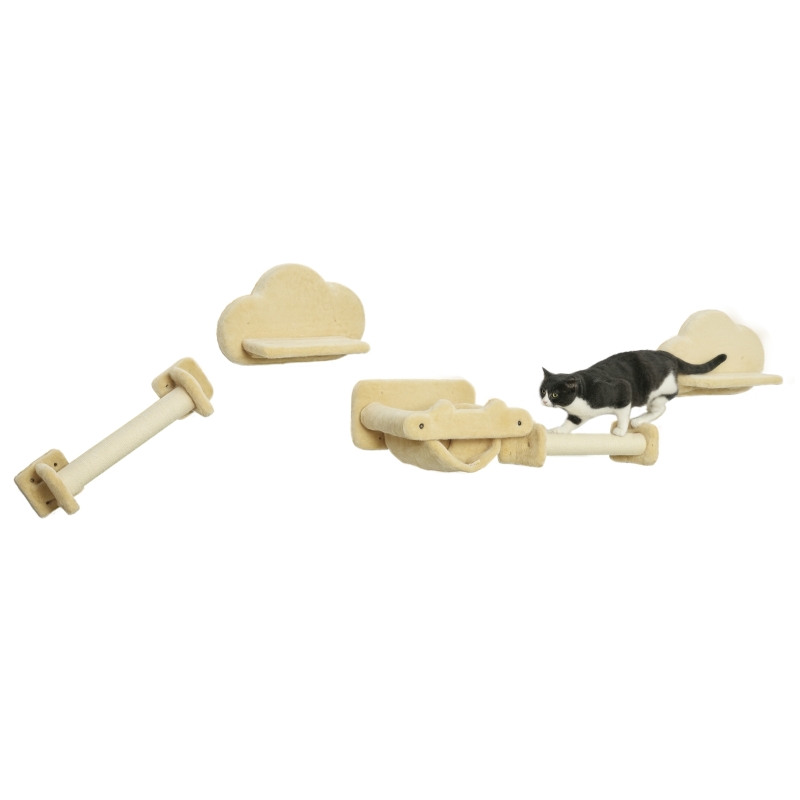 PawHut Katzentreppe, 5-teiliges Set, 2 Kratzstämme, 2 Plattformen mit Plüschbezug, Hängematte, beige