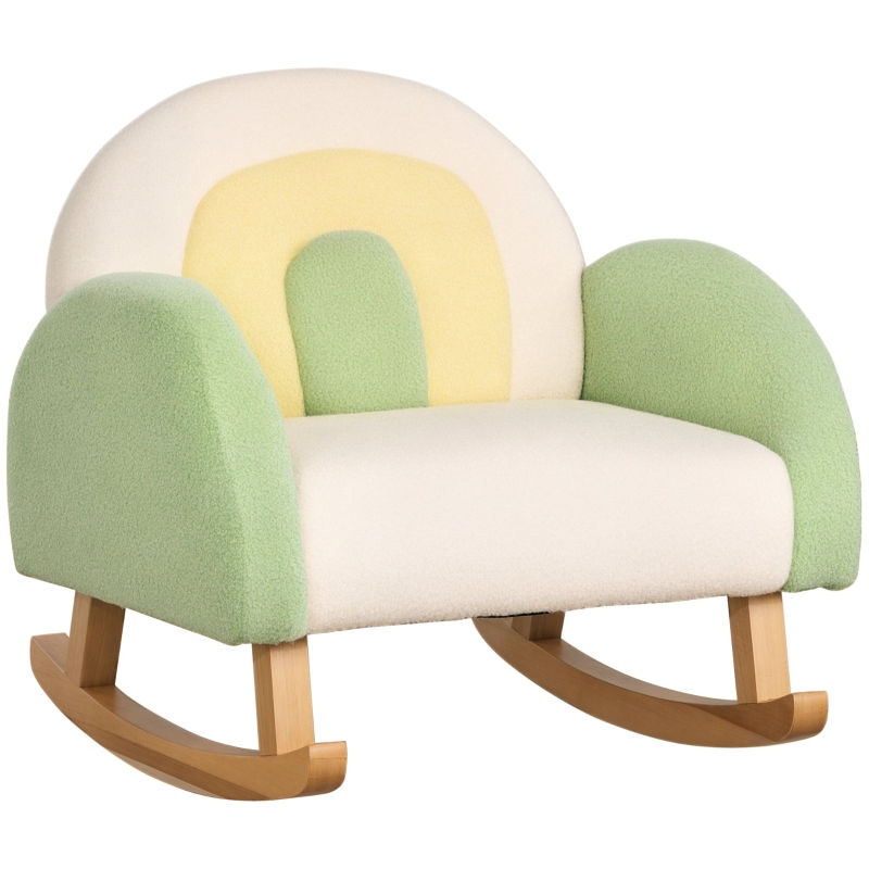 HOMCOM Schaukelstuhl für Kleinkinder Niedliches Design, Schaffell-Imitat, Eukalyptusholz Grün + Gelb Beige