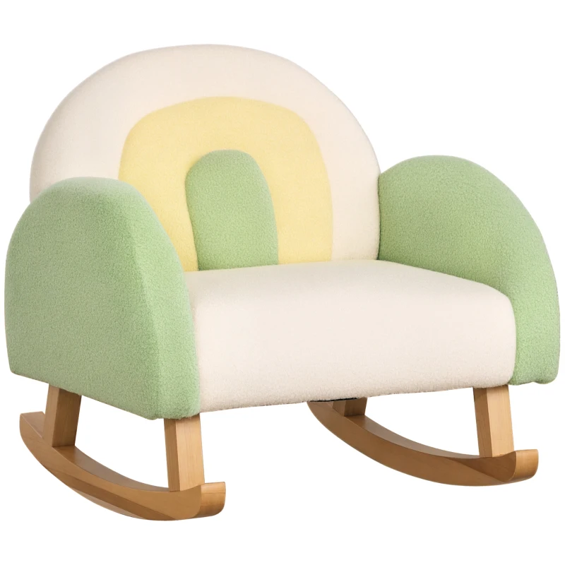 HOMCOM Schaukelstuhl für Kleinkinder Niedliches Design, Schaffell-Imitat, Eukalyptusholz Grün + Gelb Beige