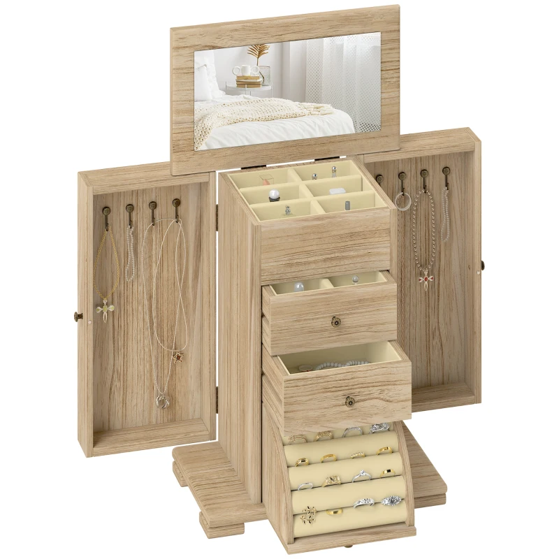 HOMCOM Cutie pentru bijuterii femei pe 4 nivele, cofret pentru bijuterii cu aripi, oglindă și 2 sertare, 26,5 x 16 x 33,5 cm, maro