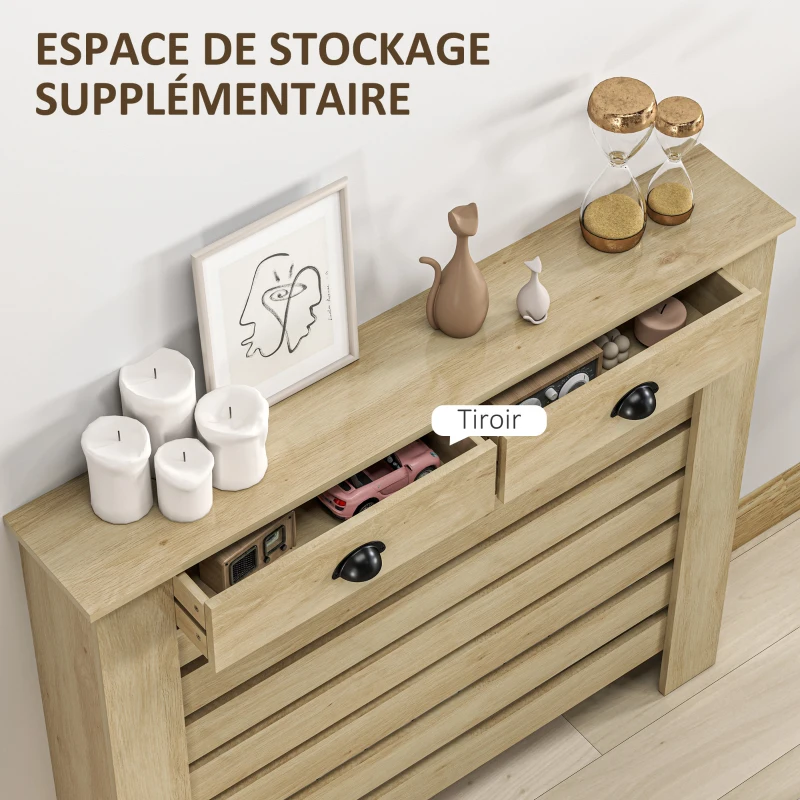 HOMCOM Couvercle de radiateur cache radiateur grille à lattes horizontales avec 2 tiroirs en bois 111l x 19P x 95,5H cm chêne